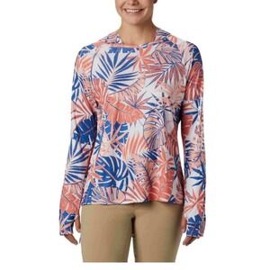 Columbia PFG Super Tidal Hooded Long Sleeve Top XL Blue Orange Palm Leaf Print